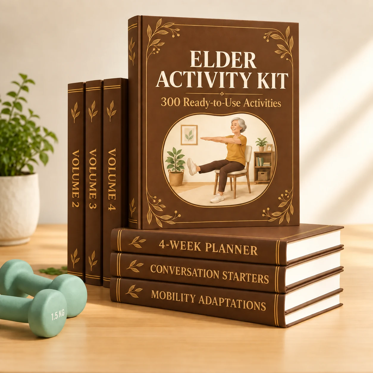Elder Activity Kit: four activity sections and three bonus guides, shown as a book collection