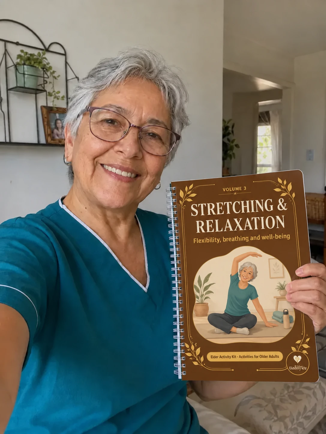 Patricia Muñoz holding the stretching and relaxation book, with its cover adapted to English in warm brown